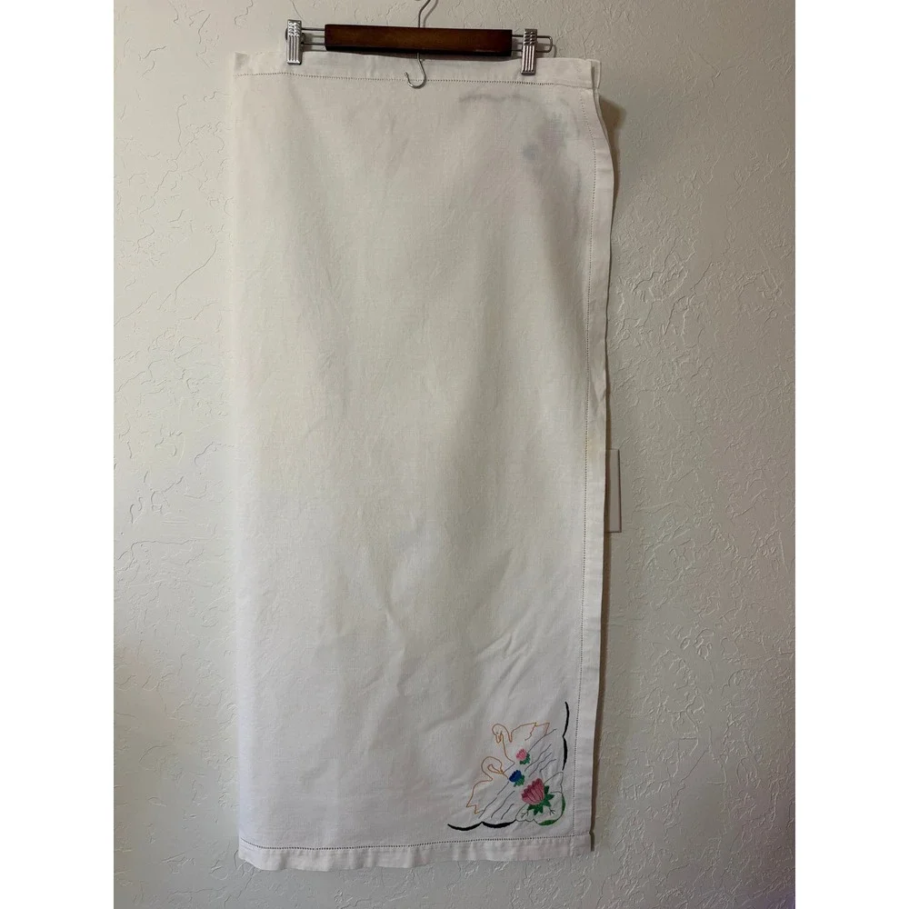 Vintage Hand Embroidered Swan Linen Tablecloth Topper 41x38.5 Cottagecore